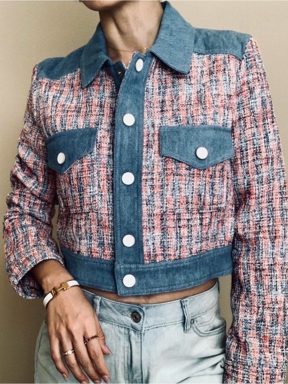 House of Harlow 1960 Pink & Blue Tweed Crop Jacket